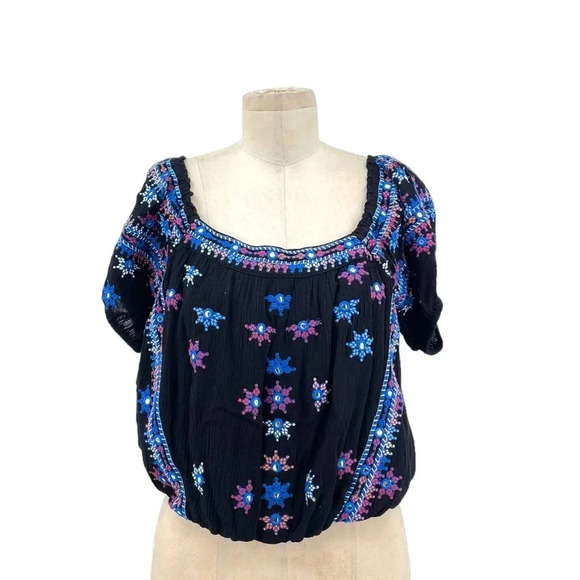 Free People Aurora Embroidered Blouson Top In Black Size Small - Picture 2 of 11